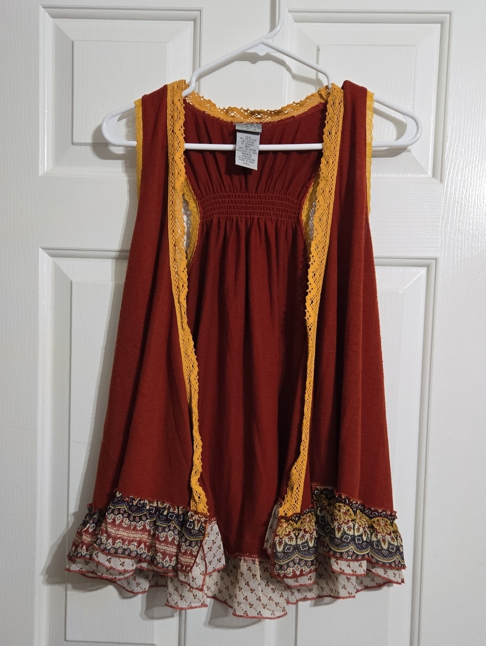 Daytrip Rust Red Tank Top with Yellow Trim and Printed Ruffle Hem